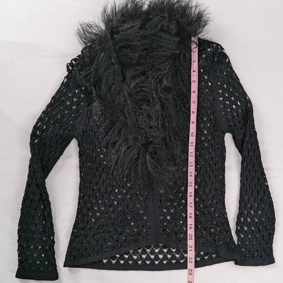 VTG Guess Collection Black Crochet Open Knit Faux Fur Curly Trim Cardigan Y2k - Picture 6 of 8